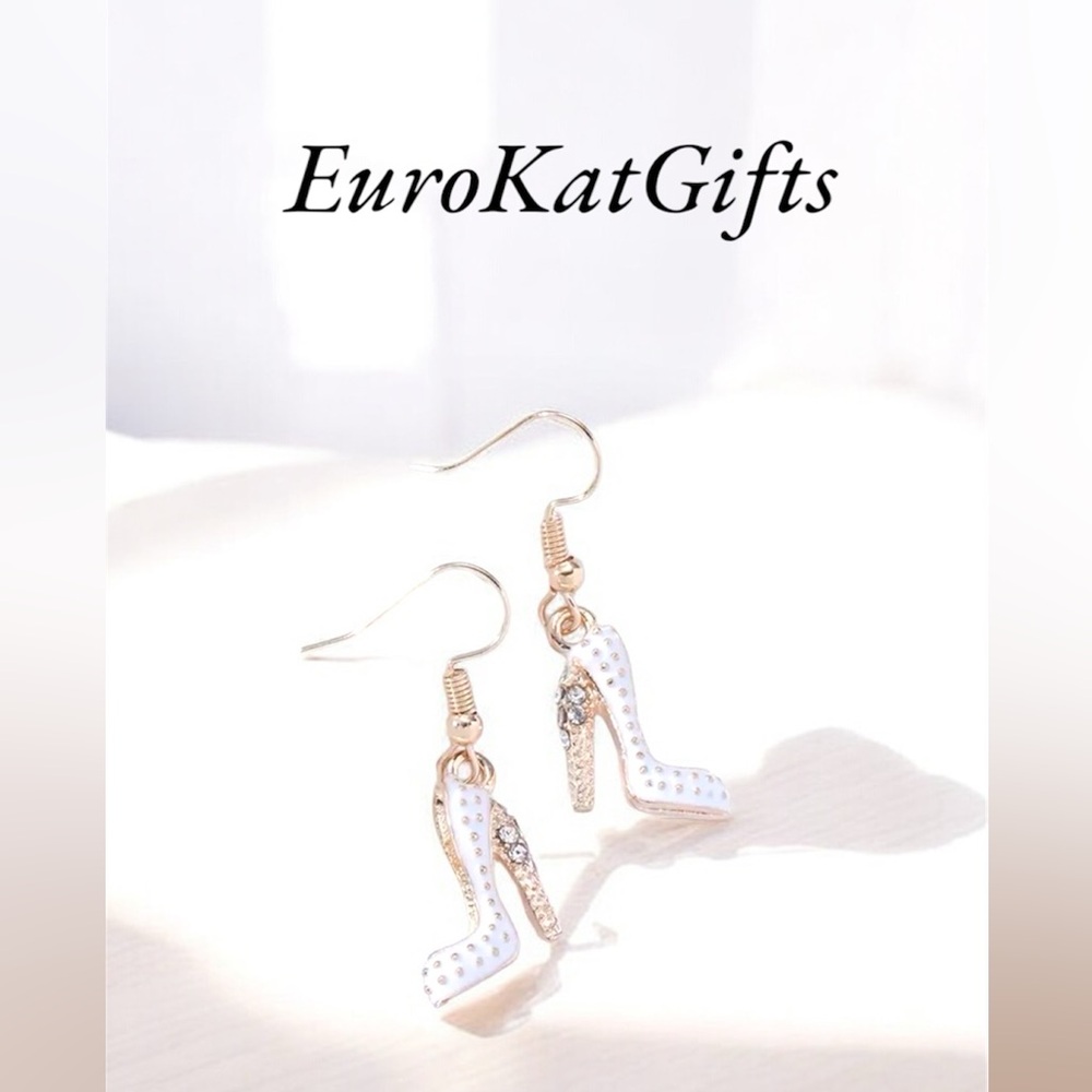 Crystal Rhinestone High Heel dangle Earrings Platform Stiletto 1.5” White NEW